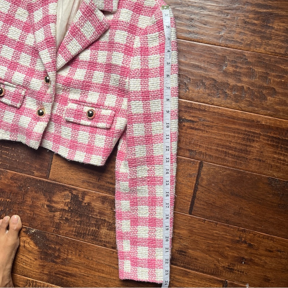 MANGO Pink White Plaid Check Tweed Cropped Blazer Jacket. - Picture 14 of 16